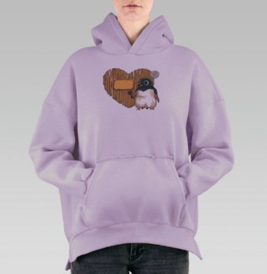 Забавный пингвин с молотком у сердечной таблички, Hoodie Oversize Fiolet, утепленная