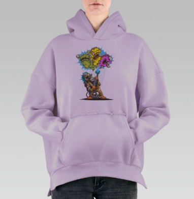 Защитный костюм с газовой маской и призрачными существами, Hoodie Oversize Fiolet, утепленная