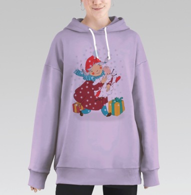 Зимняя радость: Девочка с игрушкой в объятиях, Hoodie Long Oversize Fiolet