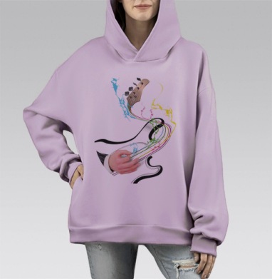 Абстрактная энергия музыки – бас-гитара и цвет, Hoodie Mono Fiolet, оверсайз, утепленная