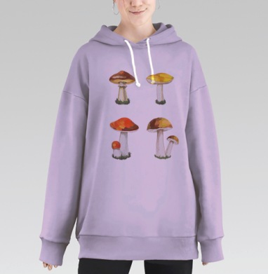Акварельные группы грибов на траве – натуралистичный набор, Hoodie Long Oversize Fiolet
