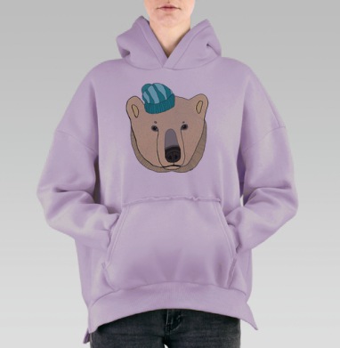 Белый медведь в голубой шапке, Hoodie Oversize Fiolet, утепленная