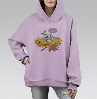 Boo Skull / Карикатурный гротескный персонаж череп пугает зверей, Hoodie Mono Fiolet, оверсайз, утепленная