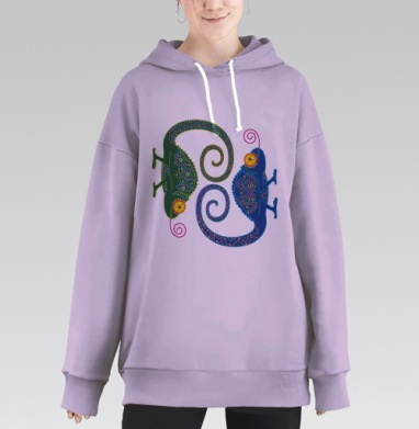 Chameleon Harmony / Хамелеоны и трансформация вечного цикла в зеркальном танце, Hoodie Long Oversize Fiolet