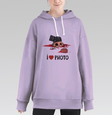 Черная сатирическая сцена о фанатичной любви к фото I LOVE PHOTO, Hoodie Long Oversize Fiolet
