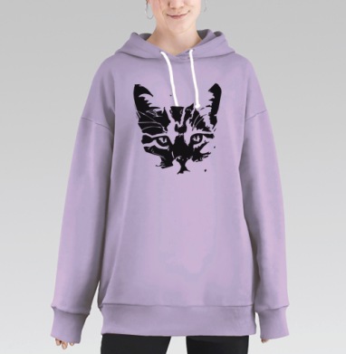 Черно-белый силуэт кошки с выразительным взглядом, Hoodie Long Oversize Fiolet