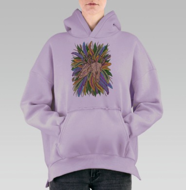 Декоративные черепа с ярким перьевым венком, Hoodie Oversize Fiolet, утепленная