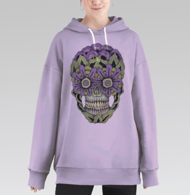 Декоративный череп с цветочным узором и листьями, Hoodie Long Oversize Fiolet