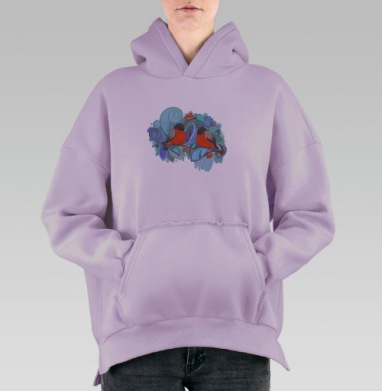 Декоративный дизайн с яркими снегирями и ягодами, Hoodie Oversize Fiolet, утепленная
