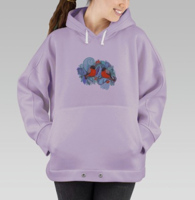 Декоративный дизайн с яркими снегирями и ягодами, Hoodie Oversize Fiolet