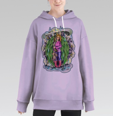 Девушка с мишкой под листом-зонтом в розовых сапогах, Hoodie Long Oversize Fiolet