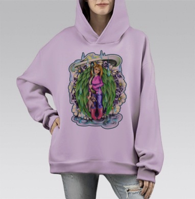 Девушка с мишкой под листом-зонтом в розовых сапогах, Hoodie Mono Fiolet, оверсайз, утепленная