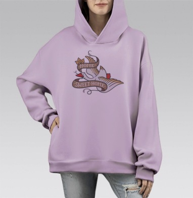 Динамичный гусь с лентой Home Sweet Home в стиле Old School, Hoodie Mono Fiolet, оверсайз, утепленная