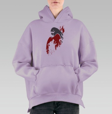 Дизайнерский принт попугай и волк в огне, Hoodie Oversize Fiolet, утепленная