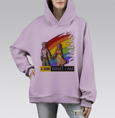 Футболка с радужным принтом «I AM WHAT I AM», Hoodie Mono Fiolet, оверсайз, утепленная