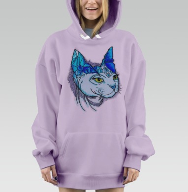 Футуристичный портрет кошки сфинкс с кристаллами, Hoodie Mjhigh Dig Mel, Fiolet, утепленная