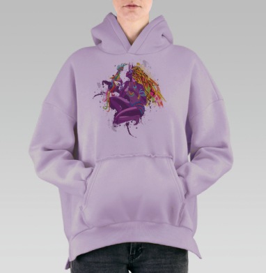 Женщина с фантастической птицей и ярким этно-фьюжн орнаментом, Hoodie Oversize Fiolet, утепленная