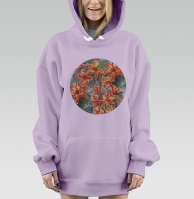 Живописный акварельный принт с оранжевыми лилиями, Hoodie Mjhigh Dig Mel, Fiolet, утепленная