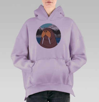 Иллюстрация Моржа в Арктическом Пейзаже, Hoodie Oversize Fiolet, утепленная