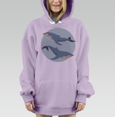 Иллюстрация с двумя синими китами, Hoodie Mjhigh Dig Mel, Fiolet, утепленная