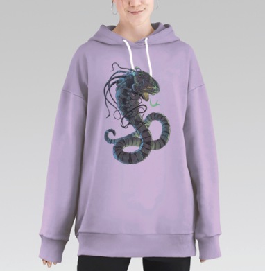 Киберзмея в динамичной позе технологической мощи, Hoodie Long Oversize Fiolet
