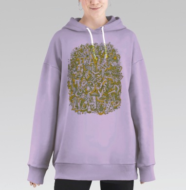 Кириллический алфавит дудлинг коллаж хаоса неразделимая масса шрифтов, Hoodie Long Oversize Fiolet