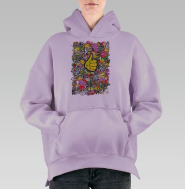 Коллаж с ярким «Пальцем вверх» в стиле стикеров, Hoodie Oversize Fiolet, утепленная