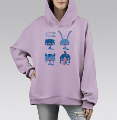Коллекция глупых зверей в абсурдной прострации / Я люблю Love SILLY ANIMALS, Hoodie Mono Fiolet, оверсайз, утепленная