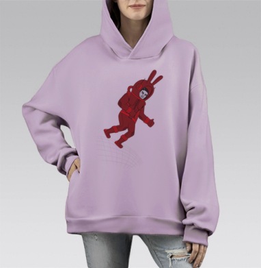 Красный космонавт с заячьими ушами на проволочной поверхности, Hoodie Mono Fiolet, оверсайз, утепленная