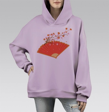 Красный веер с веткой сакуры на оранжевом фоне, Hoodie Mono Fiolet, оверсайз, утепленная