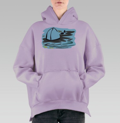 Лодка с парусом и птицей на воде на воде на воде, Hoodie Oversize Fiolet, утепленная