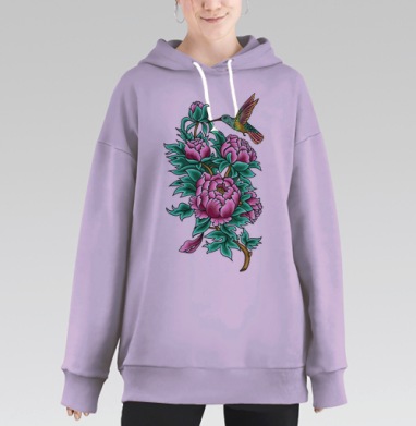 Маленькая Hummingbird пьет свежий нектар колибри цветы пионы, Hoodie Long Oversize Fiolet
