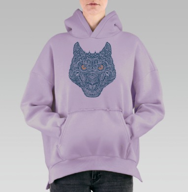 Мандала-арт Волчья Голова с Оранжевыми Глазами, Hoodie Oversize Fiolet, утепленная