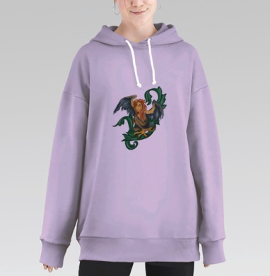 Мифологическое существо с зелеными листьями и крыльями, Hoodie Long Oversize Fiolet