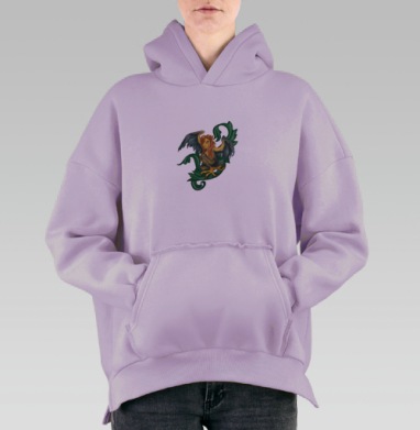 Мифологическое существо с зелеными листьями и крыльями, Hoodie Oversize Fiolet, утепленная