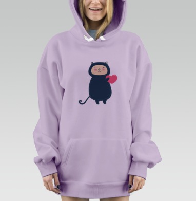 Милый котик с розовым сердцем в kawaii стиле, Hoodie Mjhigh Dig Mel, Fiolet, утепленная