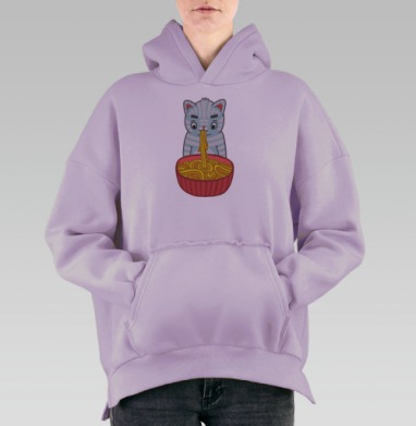 Милый серый кот с аппетитом ест спагетти, Hoodie Oversize Fiolet, утепленная