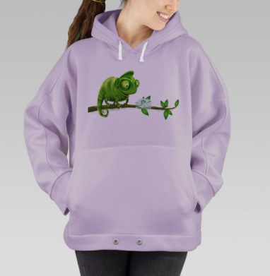 Милый зеленый хамелеон с цветком на ветке, Hoodie Oversize Fiolet
