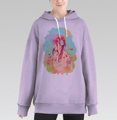 Молодая женщина с яблоком и наушниками в пастельных тонах, Hoodie Long Oversize Fiolet