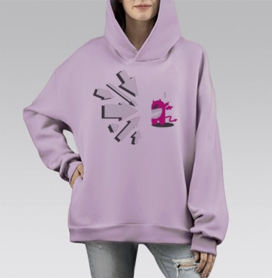 Монстр под прицелом белых стрелок атакует маленького розового монстра, Hoodie Mono Fiolet, оверсайз, утепленная