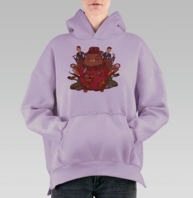 Мультяшный медведь в шапке с балалайкой, Hoodie Oversize Fiolet, утепленная