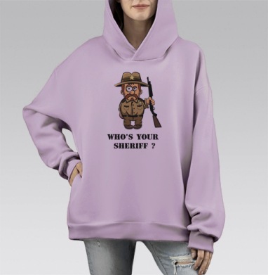 Мультяшный шериф с ружьём WHO'S YOUR SHERIFF?, Hoodie Mono Fiolet, оверсайз, утепленная