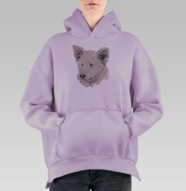 Нежный портрет белой собаки на фиолетовом фоне, Hoodie Oversize Fiolet, утепленная