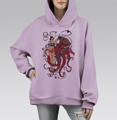 Пиратская дама с осьминогом и символикой пики на фоне, Hoodie Mono Fiolet, оверсайз, утепленная