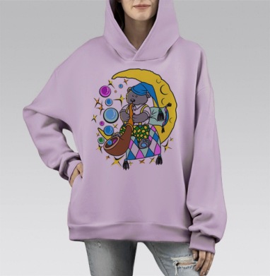 Плюшевый мишка на желтом полумесяце с музыкальными пузырями, Hoodie Mono Fiolet, оверсайз, утепленная