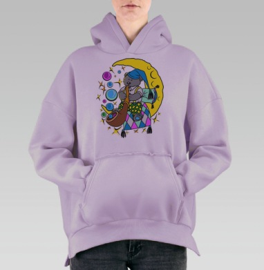 Плюшевый мишка на желтом полумесяце с музыкальными пузырями, Hoodie Oversize Fiolet, утепленная