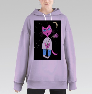 Розовый кот с увядшей розой в ночи, Hoodie Long Oversize Fiolet