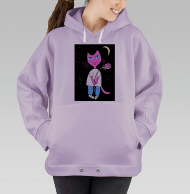 Розовый кот с увядшей розой в ночи, Hoodie Oversize Fiolet