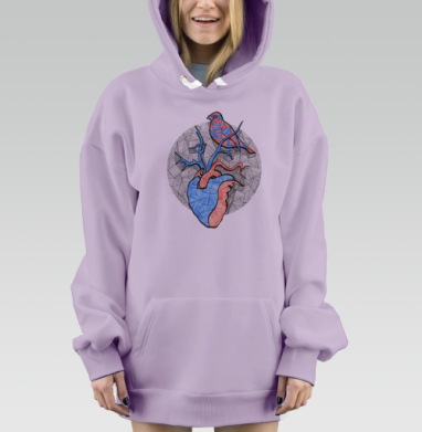 Сердце с птицей в стиле геометрия, Hoodie Mjhigh Dig Mel, Fiolet, утепленная