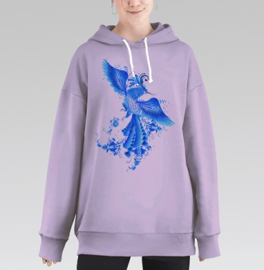 Синяя птица удачи в стиле гжельской росписи, Hoodie Long Oversize Fiolet